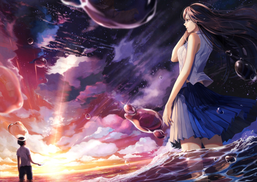 1boy 1girl arm_at_side black_pants blue_skirt brown_eyes brown_hair bubble clouds looking_at_another ocean original outdoors pants para_sitism shirt skirt standing sunset wading white_shirt