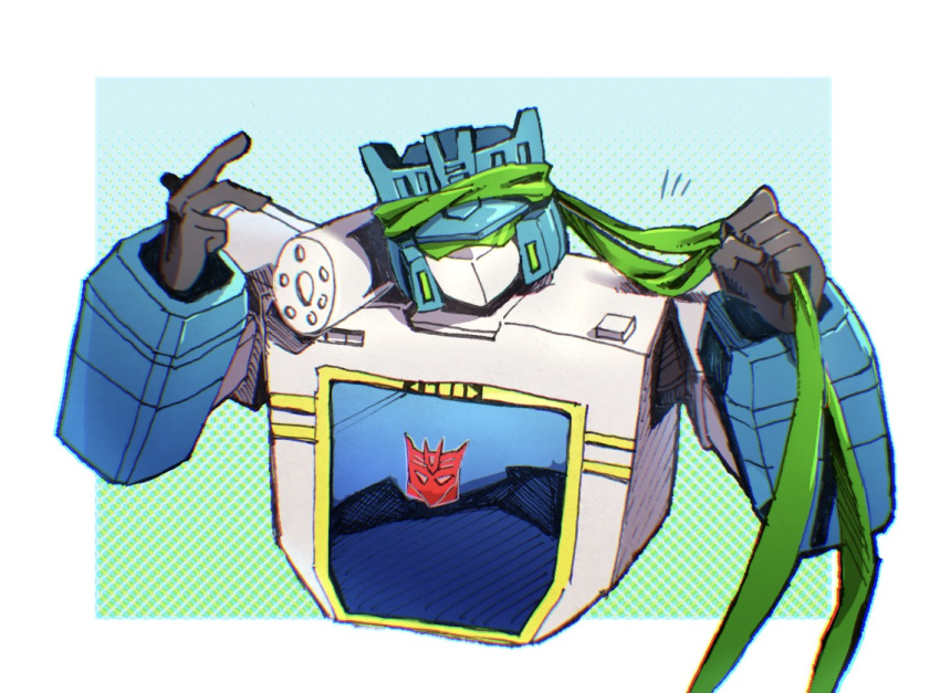 1boy akane_477 cannon decepticon green_eyes holding insignia looking_at_viewer no_humans simple_background solo soundwave transformers transformers_shattered_glass upper_body weapon