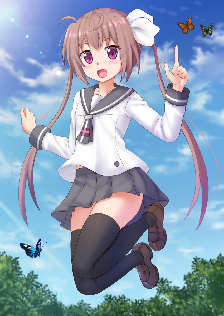 1girl :d black_legwear black_skirt blue_sky brown_hair butterfly clouds commentary commission day eyebrows_visible_through_hair fang full_body highres index_finger_raised jumping kazenokaze lens_flare long_hair long_sleeves looking_at_viewer momochi_tamate open_mouth outdoors pleated_skirt school_uniform serafuku shoes skirt sky slow_start smile solo thigh-highs twintails very_long_hair violet_eyes