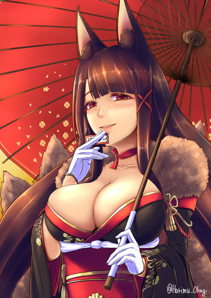 1girl akagi_(azur_lane) animal_ears azur_lane blush breasts brown_hair cleavage collarbone eyebrows_visible_through_hair fingers_to_mouth floral_print gloves harimu_ohagi highres holding holding_umbrella japanese_clothes kimono large_breasts long_hair long_sleeves looking_at_viewer obi oriental_umbrella parted_lips red_eyes sash smile solo twitter_username umbrella white_gloves