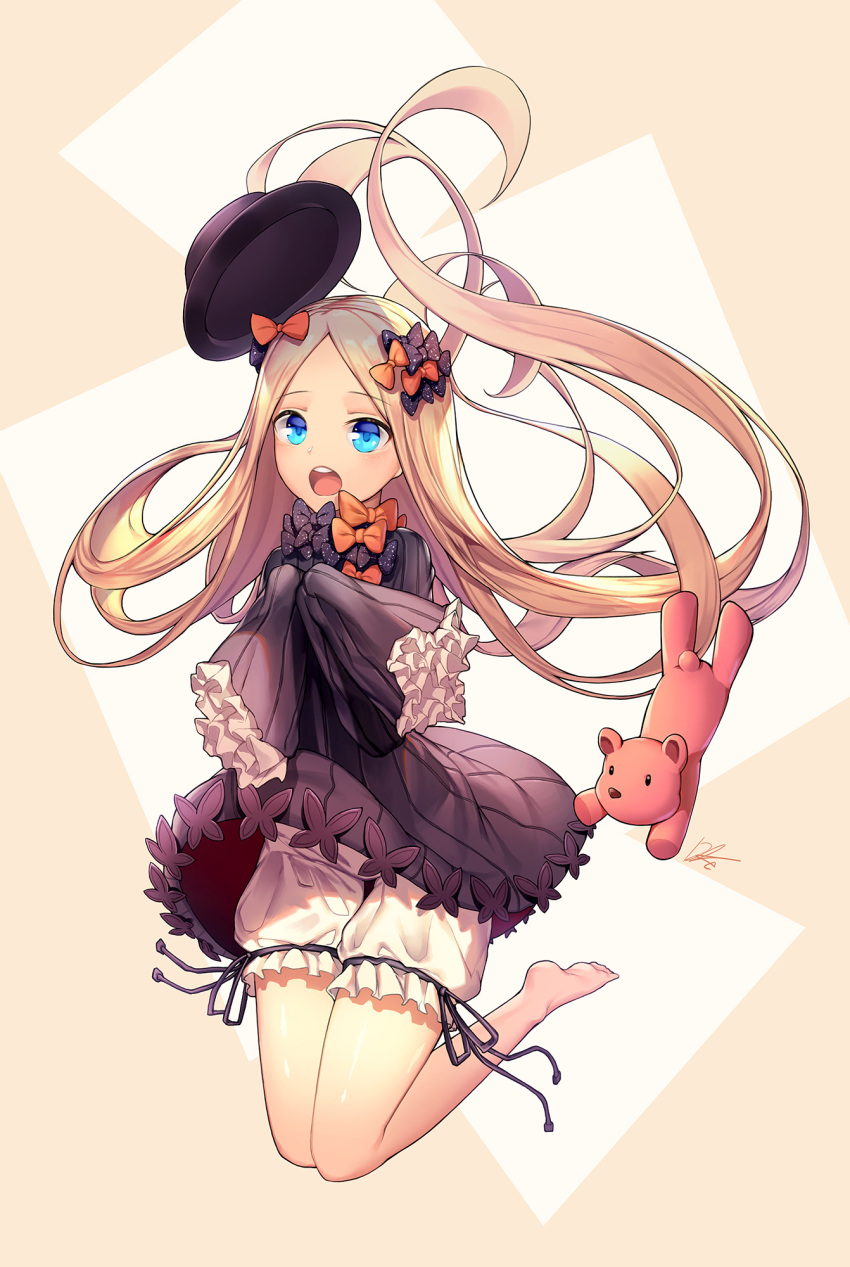 1girl :o abigail_williams_(fate/grand_order) bangs barefoot black_bow black_dress black_hat blonde_hair bloomers blue_eyes blush bow butterfly commentary_request dress eyebrows_visible_through_hair fate/grand_order fate_(series) forehead hair_bow hat hat_removed headwear_removed highres lee_seok_ho long_hair long_sleeves looking_at_viewer open_mouth orange_bow parted_bangs polka_dot polka_dot_bow signature sleeves_past_fingers sleeves_past_wrists solo stuffed_animal stuffed_toy teddy_bear underwear upper_teeth very_long_hair white_bloomers