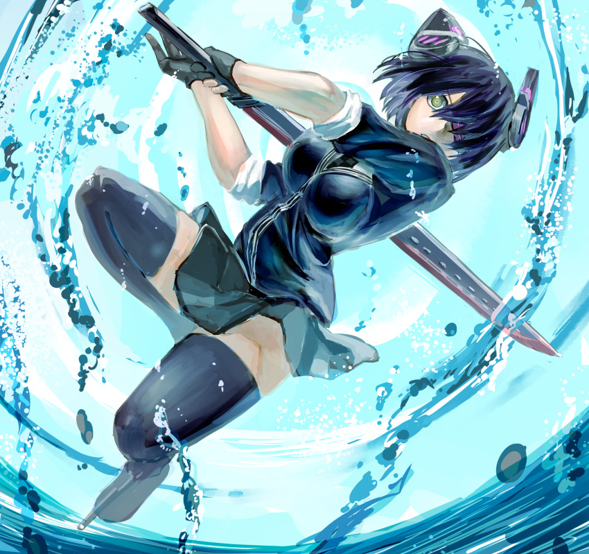 1girl black_hair eyepatch full_body gloves green_eyes headgear highres kantai_collection looking_at_viewer miniskirt no_panties partly_fingerless_gloves short_hair skirt sleeves_rolled_up solo sword tenryuu_(kantai_collection) thigh-highs tuskryo water weapon