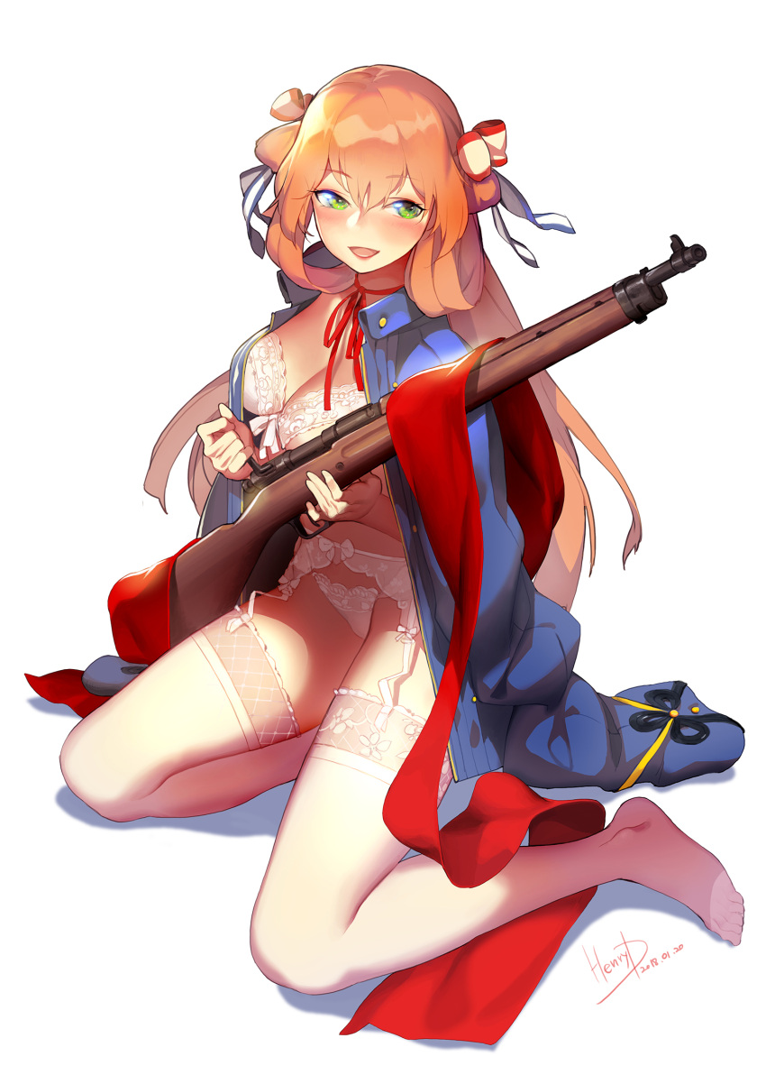 1girl alternate_costume bangs blue_jacket blush bolt_action bow bra breasts brown_hair cleavage clothes_removed collarbone collared_jacket dated eyebrows_visible_through_hair garter_belt girls_frontline green_eyes gun hair_between_eyes hair_bow hair_ribbon hair_rings henry_davis highres holding holding_gun holding_weapon jacket jacket_on_shoulders lace lace-trimmed_bra lace-trimmed_panties lace-trimmed_thighhighs large_breasts lingerie long_hair looking_at_viewer m1903_springfield m1903_springfield_(girls_frontline) multicolored_bow neck_ribbon open_clothes open_jacket open_mouth panties ponytail red_ribbon red_sash ribbon rifle sash sidelocks signature simple_background sitting smile sniper_rifle solo thigh-highs underwear weapon white_background yokozuwari