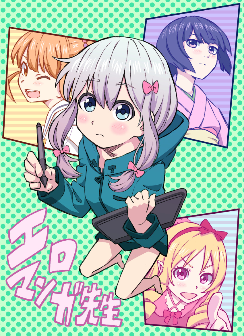 4girls blue_eyes blush bow copyright_name drawing_tablet eromanga_sensei full_body hair_between_eyes hair_bow highres hood hoodie izumi_sagiri jinno_megumi kneeling looking_at_viewer multiple_girls polka_dot polka_dot_background senju_muramasa silver_hair stylus tuskryo yamada_elf