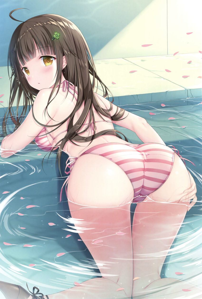 1girl absurdres ahoge all_fours bikini breasts brown_hair from_behind hair_ornament hairclip hanahanamaki hand_on_own_ass high_heels highres knees_together_feet_apart long_hair looking_at_viewer medium_breasts melonbooks partially_submerged petals pink_bikini scan side-tie_bikini sideboob solo sousouman striped striped_bikini swimsuit yellow_eyes