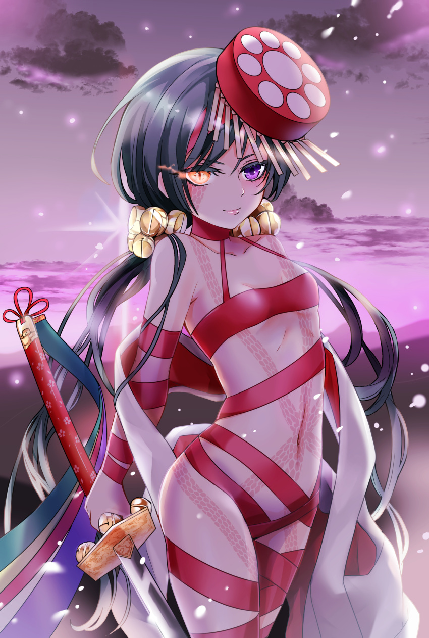 1girl absurdres arm_strap bangs bare_shoulders bell black_hair breasts burning_eyes closed_mouth clouds collarbone cowboy_shot eyelashes fate/grand_order fate_(series) full_body_tattoo hat heterochromia highres holding holding_sword holding_weapon jingle_bell light_particles lips long_hair looking_at_viewer mochizuki_chiyome_(fate/grand_order) navel outdoors purple_sky red_hat revealing_clothes shiina_(vuurrood) shiny shiny_hair small_breasts smile solo standing stomach sword tattoo thighs tsurime violet_eyes weapon yellow_eyes