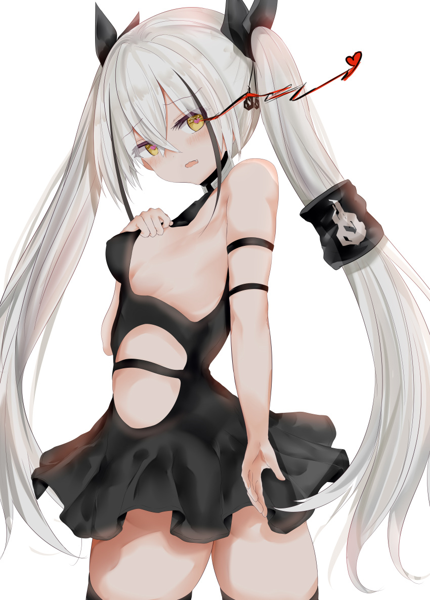 1girl absurdres arm_behind_back armband armpits ass bangs bare_shoulders black_dress black_gloves black_streaks blush breasts crossed_bangs destroyer_(girls_frontline) dress dress_tug electricity eyebrows_visible_through_hair eyes_visible_through_hair fang from_behind from_side girls_frontline gloves hair_between_eyes hair_ornament hair_ribbon hairband headgear heart heart-shaped_pupils highres long_hair looking_at_viewer looking_back medium_breasts multicolored_hair open_mouth pale_skin ribbon ru_zhai sangvis_ferri sideboob sidelocks silver_hair simple_background skindentation smile solo streaked_hair symbol-shaped_pupils thigh-highs thighs twintails very_long_hair white_background wind wind_lift yellow_eyes