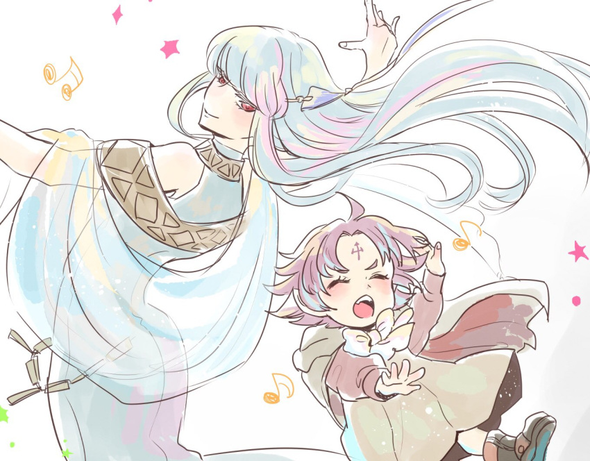 2girls bare_shoulders blue_hair blush cape closed_eyes dress fa facial_mark fire_emblem fire_emblem:_fuuin_no_tsurugi fire_emblem:_rekka_no_ken fire_emblem_heroes forehead_mark hair_ornament hoshigaki_(hsa16g) long_hair mamkute multiple_girls ninian open_mouth pink_hair pointy_ears purple_hair red_eyes short_hair smile