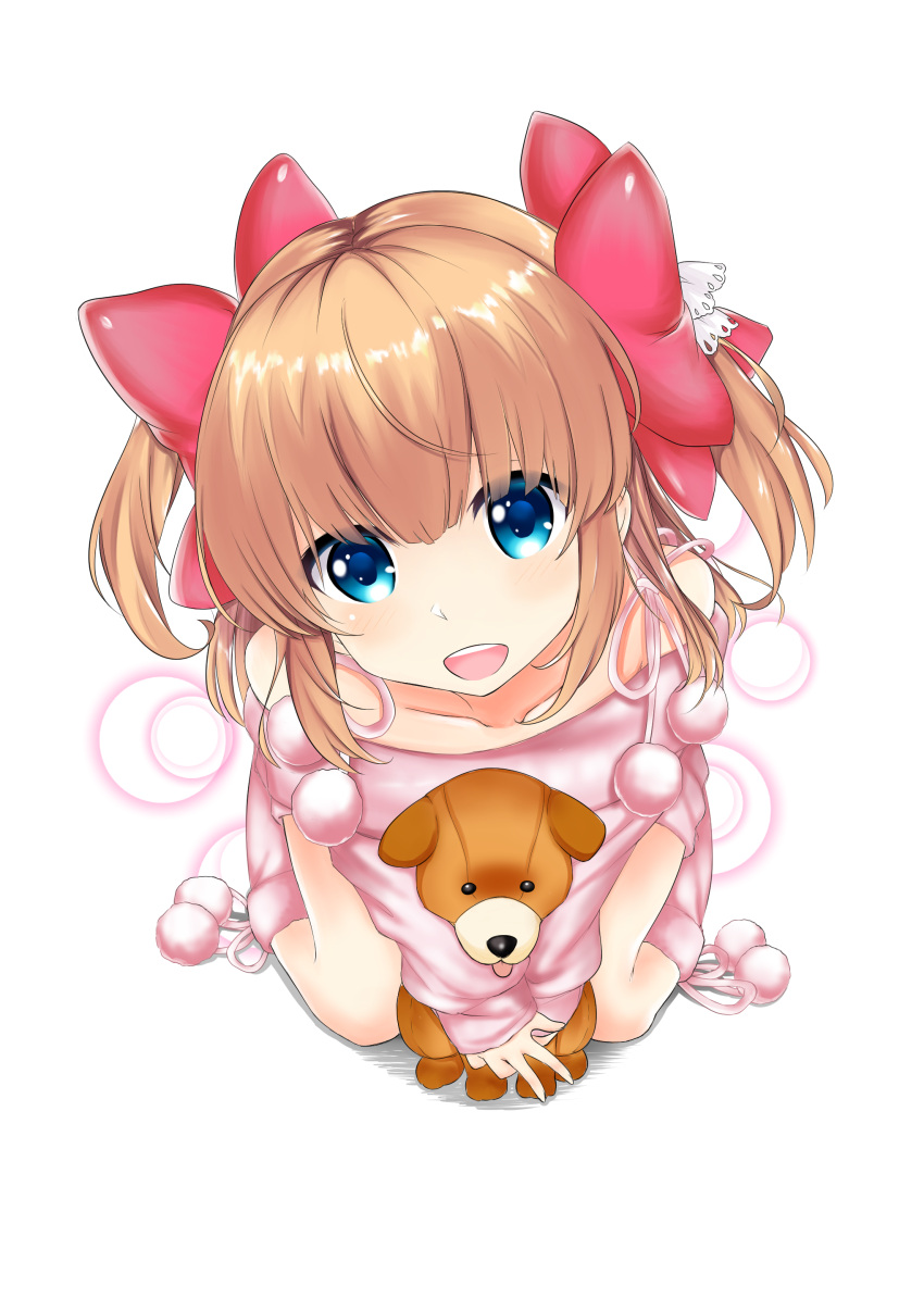 1girl absurdres blue_eyes brown_hair dress girlfriend_(kari) highres hug kneehighs kneeling leaning_forward long_hair miyami_(sirukasiruka) object_hug open_mouth pink_dress pink_legwear pink_sweater ribbon smile solo stuffed_animal stuffed_toy sweater sweater_dress teddy_bear twintails two_side_up v_arms yuuki_nae