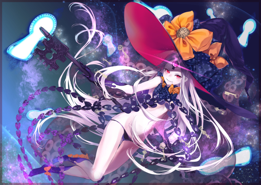 1girl abigail_williams_(fate/grand_order) bangs black_bow black_gloves black_hat black_legwear black_panties bow commentary_request elbow_gloves fate/grand_order fate_(series) full_body fumizuki gloves grin hat hat_bow highres holding holding_key key keyhole kneehighs long_hair looking_at_viewer navel orange_bow pale_skin panties parted_bangs print_bow red_eyes revealing_clothes sharp_teeth skull_print smile solo star star_print suction_cups teeth tentacle topless underwear very_long_hair white_hair witch_hat