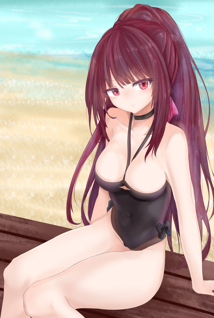 1girl absurdres alternate_costume alternate_hairstyle arm_support arms_at_sides bangs bare_arms bare_legs bare_shoulders beach bench black_swimsuit blunt_bangs blush bow bow_swimsuit braid breasts cleavage collarbone eyebrows_visible_through_hair girls_frontline hair_bow hair_over_shoulder hair_ribbon head_tilt highres knees_together_feet_apart long_hair looking_at_viewer medium_breasts multicolored_hair ocean one-piece_swimsuit outdoors ponytail pout purple_bow purple_hair purple_ribbon red_eyes ribbon ru_zhai sand see-through_silhouette sidelocks sitting sitting_on_object solo swimsuit thighs tsundere very_long_hair wa2000_(girls_frontline) water