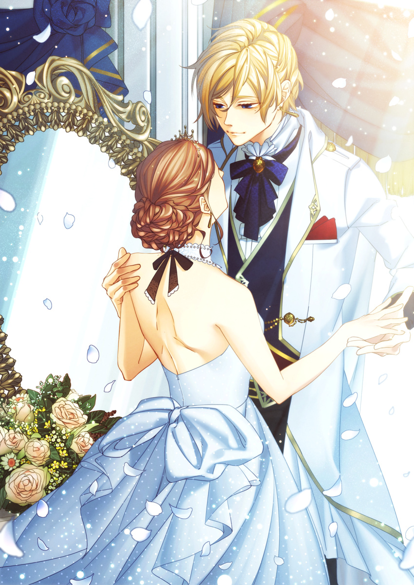 1boy 1girl backless_outfit blonde_hair blue_eyes brown_hair dress earrings eye_contact flower formal fuma_(fuh) height_difference hetero highres ikemen_oukuyuu:_mayonaka_no_cinderella jewelry looking_at_another mirror open-back_dress petals pocket_square suit tiara white_dress white_suit