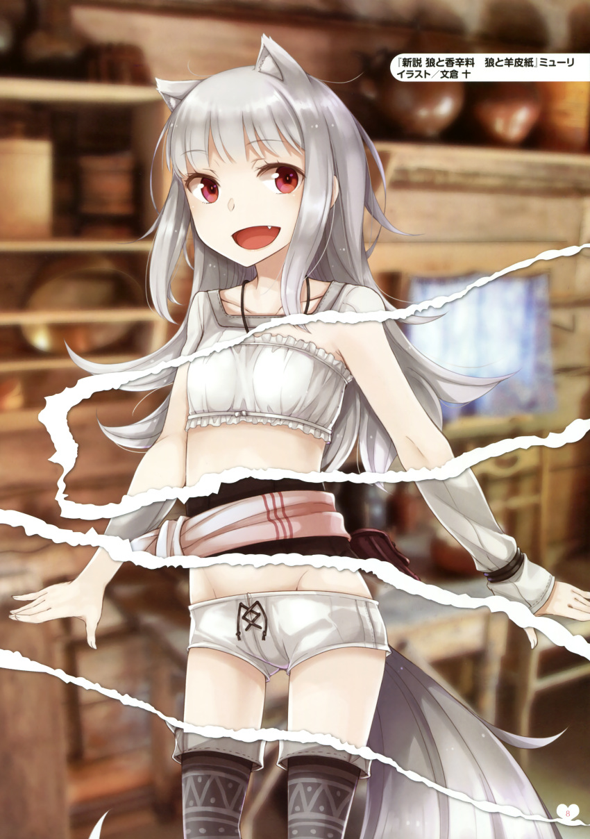 1girl :d absurdres animal_ears ayakura_juu beltbra blurry blurry_background boots boyshorts depth_of_field extra_ears eyebrows_visible_through_hair fang fingernails highres indoors jewelry lingerie long_hair looking_at_viewer myuri_(spice_and_wolf) necklace open_mouth page_number page_tear red_eyes revealing_cutout shinsetsu_spice_and_wolf smile solo spice_and_wolf standing tail thigh-highs underwear wolf_ears wolf_tail