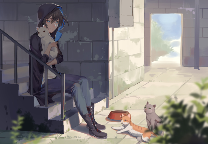 1boy 791_(meiyuewudi) animal black_footwear black_hair blue_eyes blush boots bowl cat closed_mouth denim eyebrows_visible_through_hair holding holding_animal hood hood_up hoodie jeans looking_at_viewer original outdoors pants pet_bowl short_hair sitting smile solo stairs