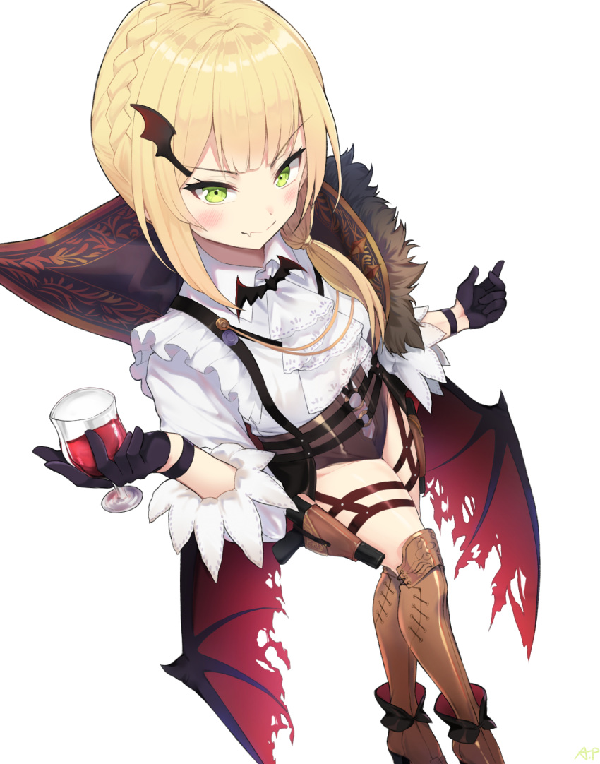 1girl alternate_costume alternate_hairstyle applepie_(12711019) argyle ascot bangs black_gloves blonde_hair blush boots braid brown_footwear collared_shirt cup drinking_glass eyebrows_visible_through_hair eyes_visible_through_hair fang_out fangs french_braid from_above girls_frontline gloves green_eyes gun half_gloves halloween handgun high_heel_boots high_heels highres holding holding_drinking_glass holster holstered_weapon legs_crossed long_sleeves looking_at_viewer o-ring red_wings reflection shiny shiny_clothes shiny_hair shirt short_hair_with_long_locks signature simple_background skindentation sky smile solo star thigh-highs thigh_boots thigh_holster torn_wings vampire vampire_costume weapon welrod_mk2 welrod_mk2_(girls_frontline) white_background white_shirt wide_sleeves wine_glass wing_hair_ornament wings wristband