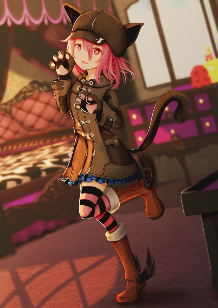 1girl absurdres animal_ears animal_hat bed black_coat black_hat blue_skirt blurry blurry_background boots brown_footwear cabbie_hat canopy_bed cat_ears cat_hat cat_tail commission depth_of_field fang gloves hair_between_eyes hat head_tilt heart heart-shaped_pupils highres kirimatsu knee_boots long_hair long_sleeves looking_at_viewer original paw_gloves paws pink_hair plaid plaid_skirt pleated_skirt red_eyes skirt solo standing standing_on_one_leg striped striped_legwear symbol-shaped_pupils tail thigh-highs