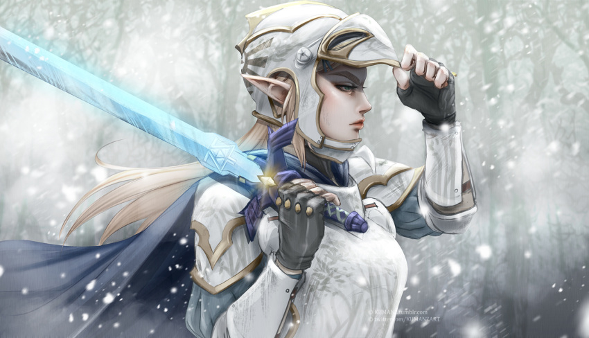 1girl armor blonde_hair blue_eyes breastplate cape commentary fingerless_gloves full_armor gloves greaves hair_ornament hairclip helmet kumanz lips long_hair master_sword nose pauldrons pointy_ears princess_zelda snow solo sword the_legend_of_zelda the_legend_of_zelda:_breath_of_the_wild thick_eyebrows weapon winter