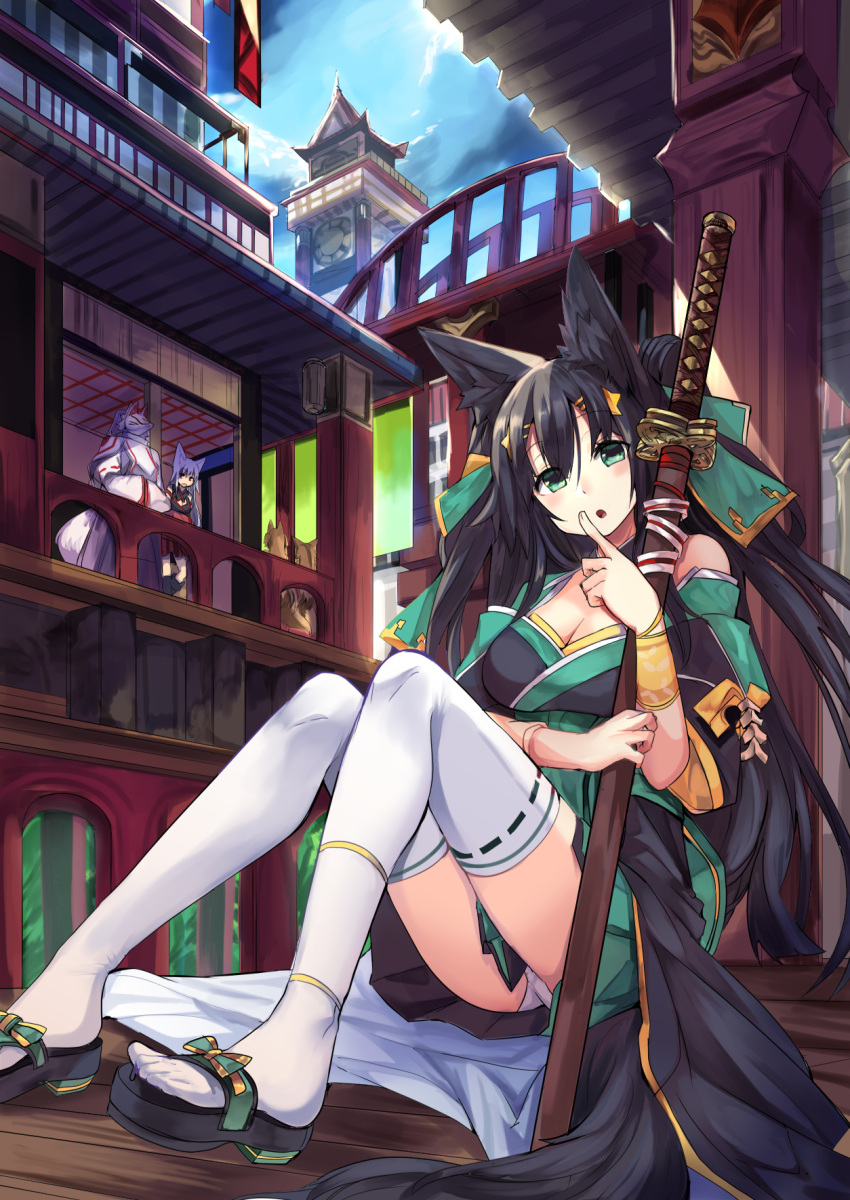 2girls animal_ears architecture black_hair black_kimono bow breasts clouds east_asian_architecture fox_ears fox_mask green_eyes green_kimono green_skirt haik hair_ornament highres japanese_clothes kimono looking_at_viewer mask multiple_girls open_mouth original pagoda panties pantyshot pantyshot_(sitting) sandals short_kimono sitting skirt sky sword tagme thigh-highs tower underwear weapon white_legwear white_panties