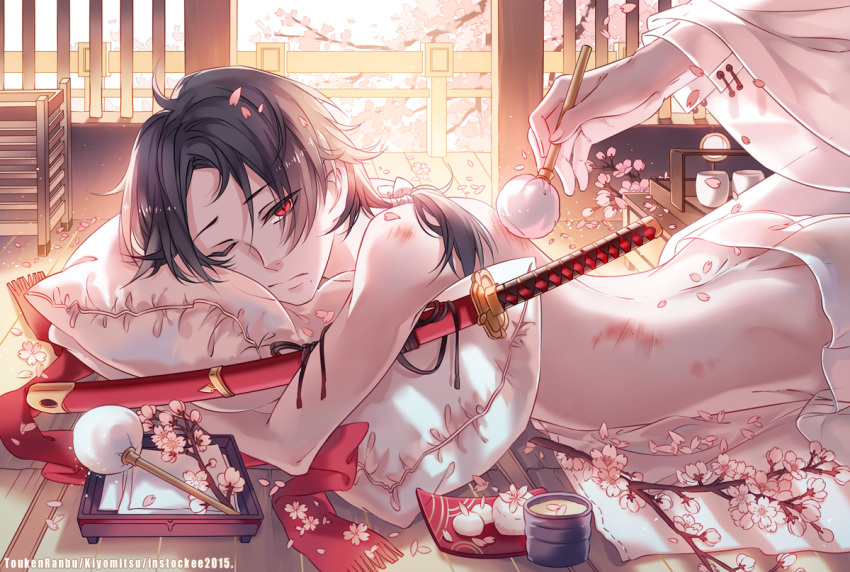 1boy artist_name ass cherry_blossoms closed_mouth dimples_of_venus injury instocklee kashuu_kiyomitsu looking_at_viewer lying male_focus mole mole_under_mouth on_stomach one_eye_closed out_of_frame petals ponytail red_scarf saniwa_(touken_ranbu) scarf sheath sheathed shirtless sliding_doors solo_focus sword touken_ranbu uchiko watermark weapon
