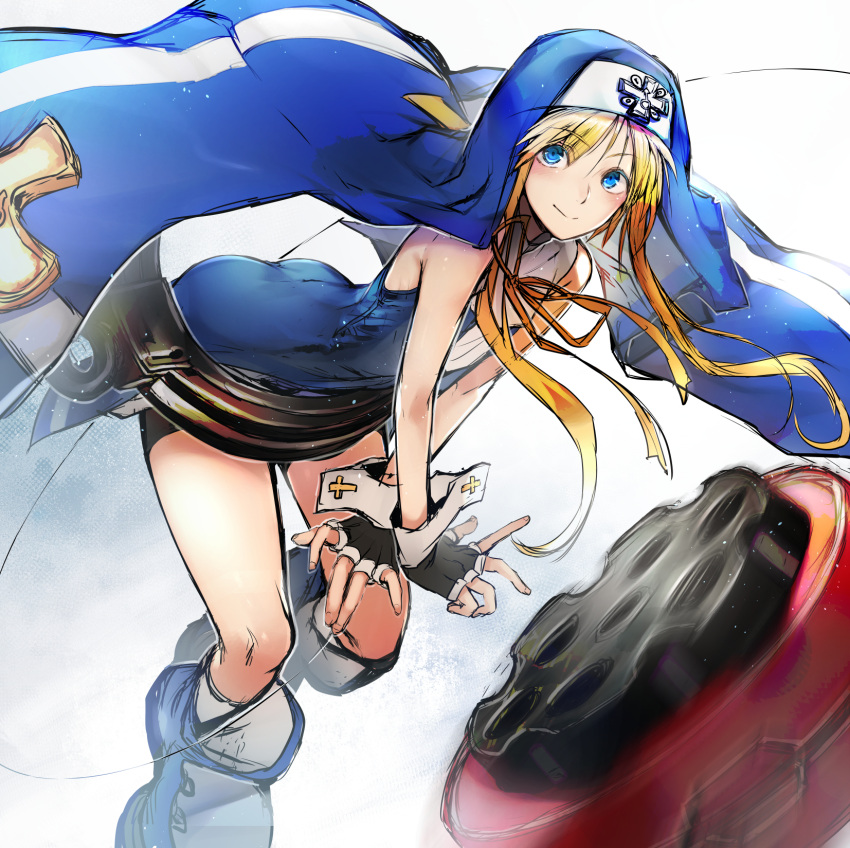 1boy bike_shorts black_gloves blonde_hair blue_eyes blush bridget_(guilty_gear) cross fingerless_gloves gloves guilty_gear guilty_gear_xrd hair_between_eyes highres long_hair male_focus nishiide_kengorou nun smile solo trap yo-yo