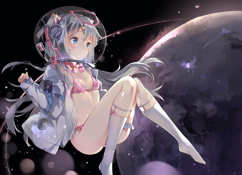 1girl astronaut_helmet asymmetrical_legwear bangs bikini blush bow bowtie closed_mouth emblem expressionless fishnet_legwear fishnets frilled_bikini frilled_legwear frills grey_jacket grey_legwear hair_bow hair_ornament highres jacket kikistark kneehighs knees_together_feet_apart knees_up lens_flare long_hair long_sleeves looking_away moon nasa no_shoes open_clothes open_jacket original pink_bikini pink_bow pink_neckwear silver_hair single_thighhigh sleeves_past_wrists solo space star star_hair_ornament swimsuit thigh-highs thighs twintails two_side_up very_long_hair