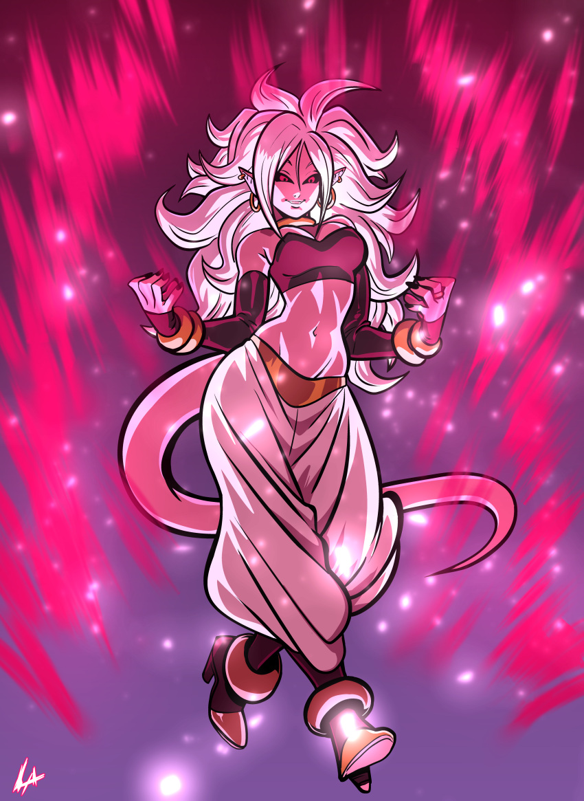 1girl absurdres alternate_form android_21 android_21_(evil) black_sclera bracelet breasts commentary dragon_ball dragon_ball_fighterz earrings finger_to_mouth harem_pants highres hoop_earrings jewelry large_breasts lavender_hair liefeldian_abomination long_hair majin_android_21 monster_girl navel pants pink_skin pointy_ears red_eyes smile solo spoilers stomach tail white_hair