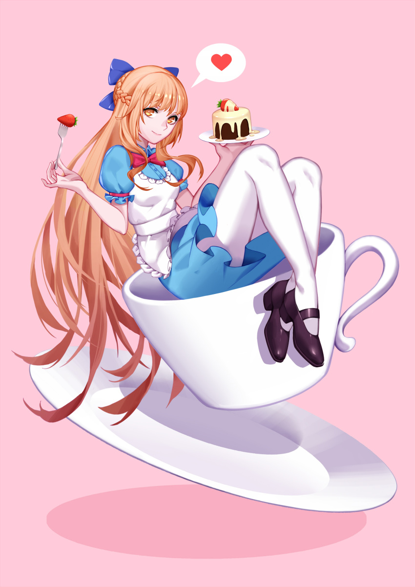 1girl apron blue_dress bow braid breasts brown_eyes brown_hair cake cup dress eyeliner food fork french_braid fruit full_body hair_bow heart highres in_container in_cup long_hair makeup mary_janes minigirl pantyhose pink_background puffy_short_sleeves puffy_sleeves quan_zhi_gao_shou shoes short_sleeves small_breasts smile solo spoken_heart strawberry su_mucheng teacup very_long_hair white_legwear zhano_kun