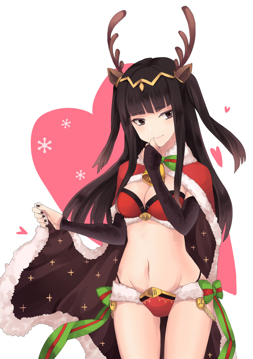 1girl absurdres bikini black_hair breasts brown_eyes cape christmas fire_emblem fire_emblem:_kakusei fire_emblem_heroes hand_to_own_mouth highres horns lishu_jun medium_breasts navel simple_background smile solo swimsuit tharja tiara two_side_up white_background