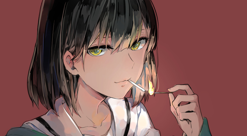 1girl black_hair cigarette closed_mouth fingernails green_eyes hair_between_eyes highres holding lips long_sleeves looking_at_viewer matchstick monsieur mouth_hold off_shoulder original pink_lips red_background school_uniform serafuku shirt short_hair simple_background smile solo upper_body white_sailor_collar white_shirt