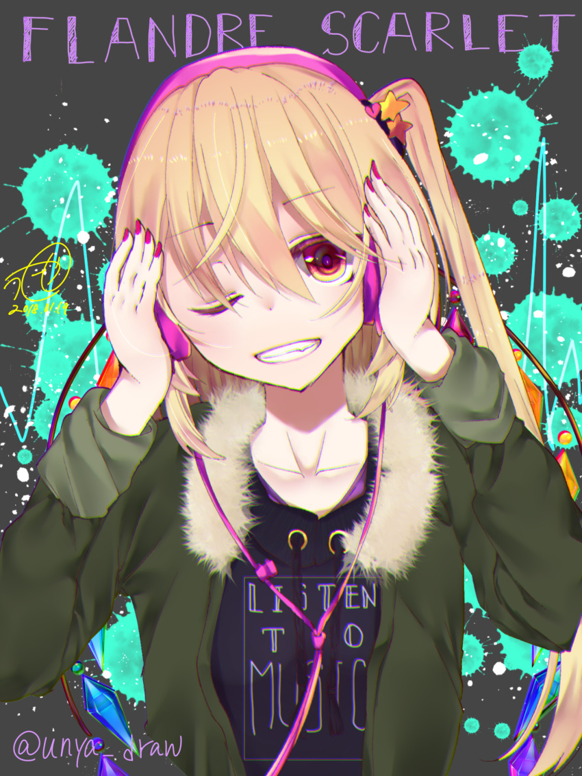 1girl alternate_costume bangs black_sweater chromatic_aberration dated drawstring eyebrows_visible_through_hair flandre_scarlet fur_collar grin hair_between_eyes hair_ornament hands_on_headphones hands_up head_tilt headphones highres jacket long_sleeves looking_at_viewer nail_polish one_eye_closed one_side_up pink_nails red_eyes smile solo star star_hair_ornament sweater teeth touhou twitter_username unya_(coco121955) upper_body wings
