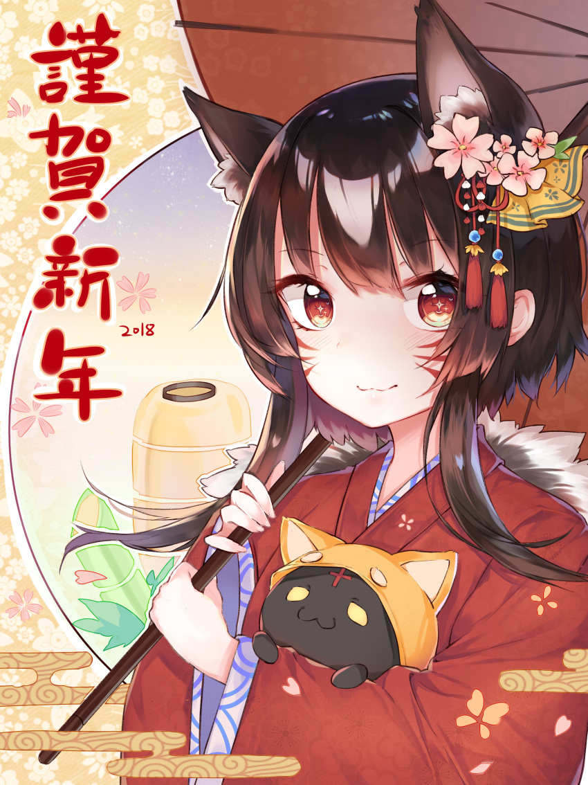 +_+ 1girl 2018 :3 absurdres animal_ears animal_hat bamboo black_cat blush brown_eyes brown_hair cat cat_ears cat_hat cherry_blossoms chomusuke closed_mouth egasumi eyebrows_visible_through_hair facial_mark floral_background floral_print flower hair_flower hair_ornament happy_new_year hat highres holding holding_umbrella japanese_clothes kimono kono_subarashii_sekai_ni_shukufuku_wo! lantern linz930 looking_at_viewer megumin new_year number oriental_umbrella paper_lantern petals short_hair_with_long_locks translated umbrella upper_body v-shaped_eyebrows