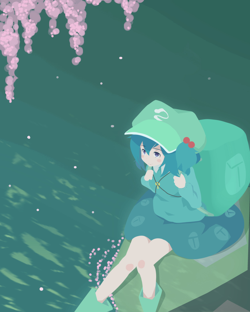 1girl absurdres backpack bag bangs blue_hair boots flower green_hat hair_bobbles hair_ornament hat highres kawashiro_nitori looking_up rubber_boots short_hair sitting solo tochinoko touhou two_side_up water wisteria