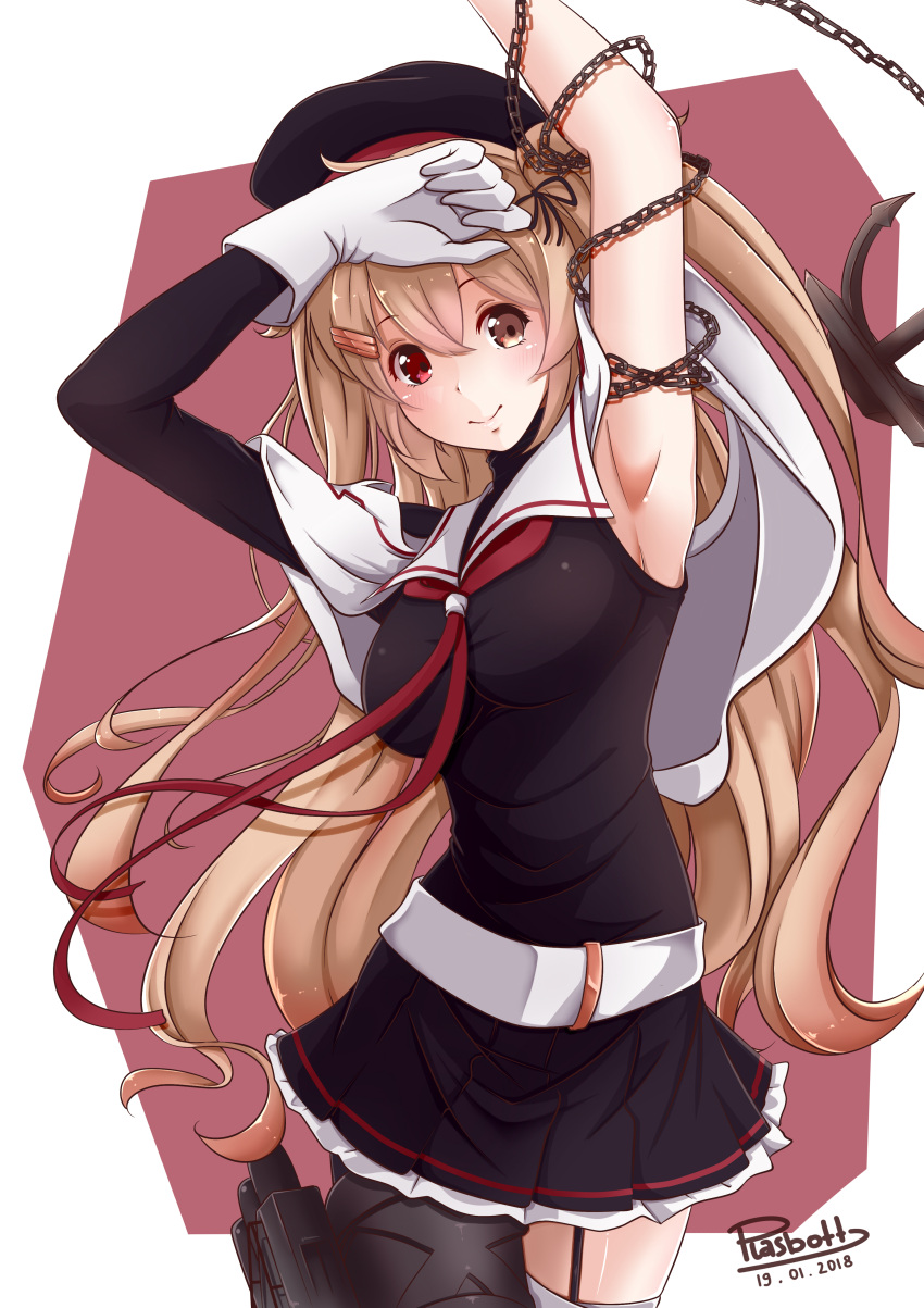 1girl absurdres armpits arms_up asymmetrical_clothes belt beret black_serafuku blush breasts buckle chain_around_arm chains dated eyebrows_visible_through_hair floating_hair garter_straps gloves gradient_hair hair_flaps hair_ornament hair_ribbon hairclip hand_on_head hat heterochromia highres kantai_collection medium_breasts multicolored_hair murasame_(kantai_collection) pantyhose plasbott pleated_skirt red_eyes remodel_(kantai_collection) ribbon rigging school_uniform serafuku signature simple_background single_thighhigh skirt smile thigh-highs torpedo torpedo_launcher torpedo_tubes turret two_side_up upper_body white_gloves