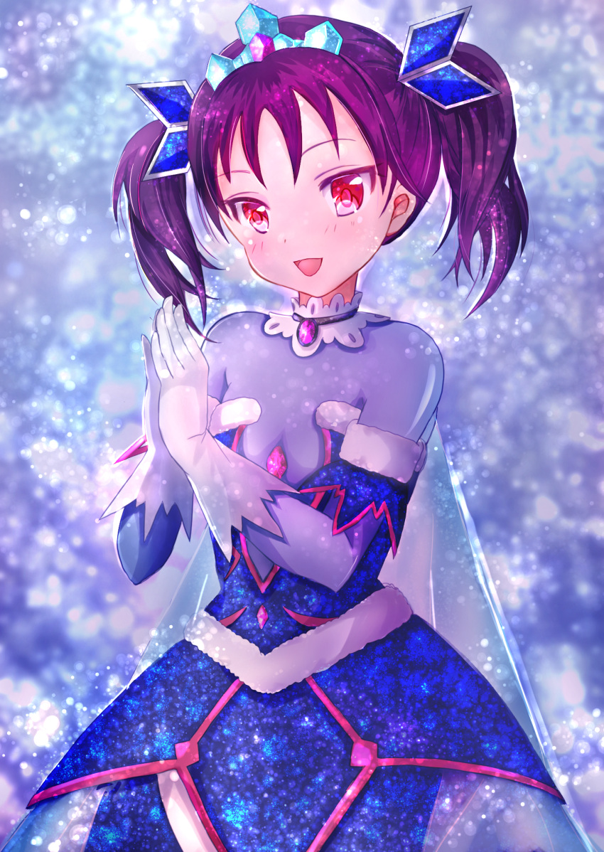 1girl :d awaken_the_power bangs brooch commentary_request detached_sleeves dress fur-trimmed_sleeves fur_trim gloves hands_together highres jewelry kazuno_leah looking_at_viewer love_live! love_live!_sunshine!! nattoucha_(de-ve-ev-rsailles) open_mouth purple_hair red_eyes smile snowing solo tiara twintails white_gloves