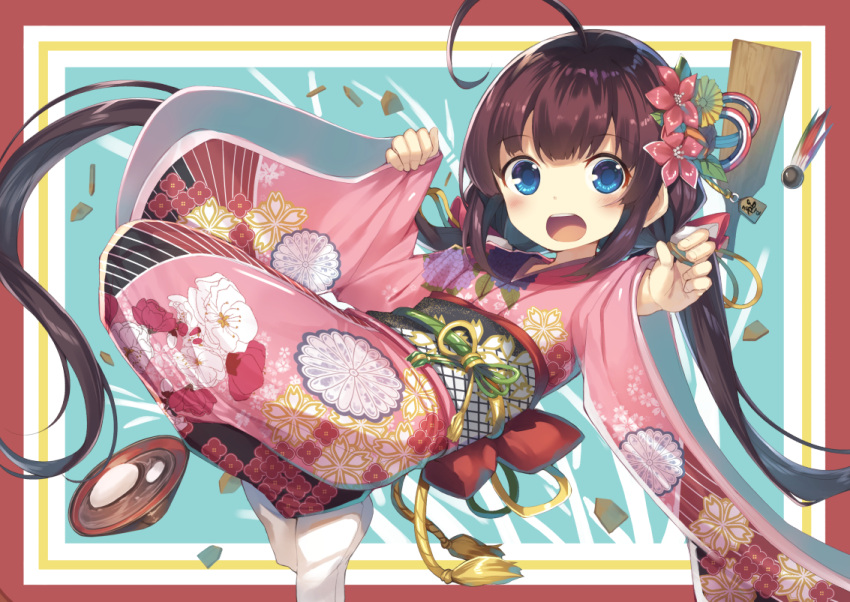 1girl ahoge bangs blue_eyes blush board_game bow brown_hair commentary_request eyebrows_visible_through_hair fingernails floral_print flower food full_body gurasion_(gurasion) hagoita hair_flower hair_ornament hinatsuru_ai holding japanese_clothes kimono long_hair long_sleeves looking_at_viewer low_twintails mochi obi open_mouth outstretched_arm paddle pinching_sleeves pink_kimono print_kimono red_bow red_flower ryuuou_no_oshigoto! sash shougi sidelocks socks solo twintails upper_teeth very_long_hair wagashi white_legwear wide_sleeves