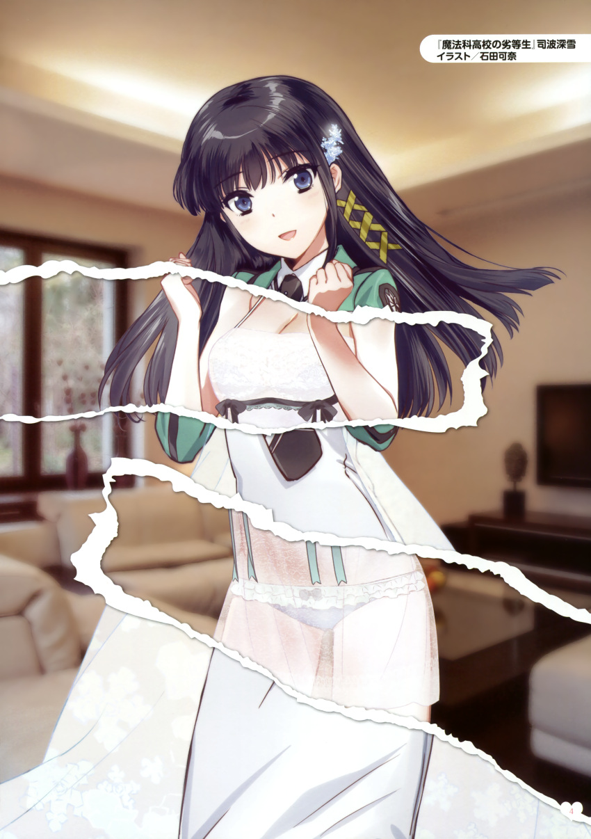 1girl :d absurdres black_hair black_neckwear black_panties blue_eyes blush bow bow_panties breasts cleavage couch cowboy_shot dress eyebrows_visible_through_hair hair_ornament hairclip hands_up head_tilt highres indoors ishida_kana large_breasts long_hair long_sleeves looking_at_viewer mahouka_koukou_no_rettousei necktie open_mouth page_tear panties photo_background revealing_cutout scan see-through shiba_miyuki smile solo standing underwear vase violet_eyes white_dress window wing_collar