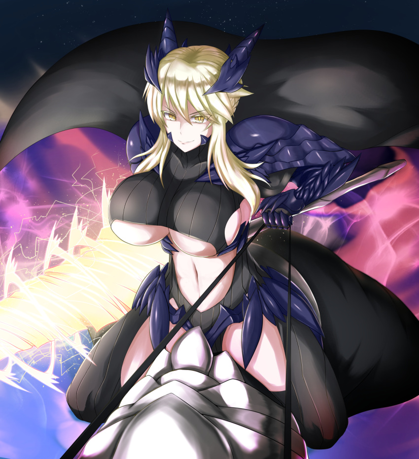 1girl artist_request artoria_pendragon_(all) artoria_pendragon_(lancer_alter) bangs black_gloves black_legwear blonde_hair braid breasts cape closed_mouth dark_persona fate/grand_order fate_(series) french_braid gauntlets gloves gradient gradient_background headgear highleg highleg_leotard highres holding holding_weapon horns huge_breasts lance leotard looking_at_viewer mature midriff navel outdoors parted_lips pauldrons polearm riding sky solo star stomach tareme teeth thigh-highs tied_hair under_boob weapon yellow_eyes