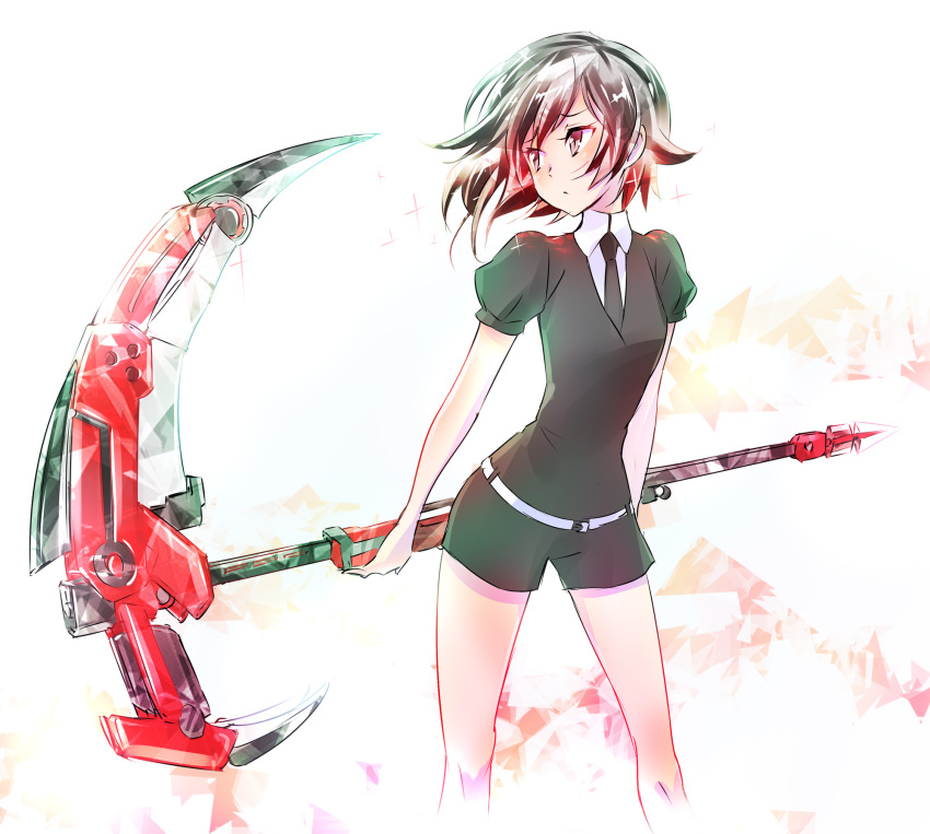 1girl bangs black_hair black_neckwear black_shirt black_shorts cosplay_request cropped_legs gem_uniform_(houseki_no_kuni) highres holding holding_weapon houseki_no_kuni iesupa legs_apart looking_to_the_side necktie puffy_short_sleeves puffy_sleeves red_eyes redhead ruby_rose rwby scythe shirt short_hair short_shorts short_sleeves shorts simple_background solo standing weapon white_background