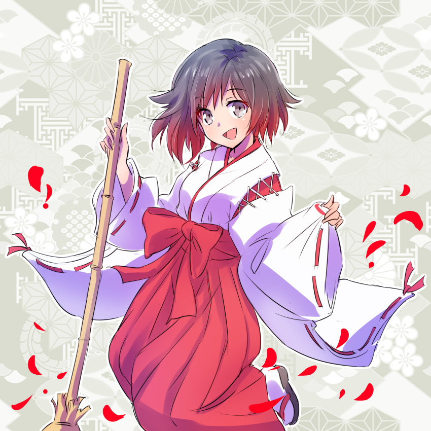 1girl :d alternate_costume bangs black_eyes black_footwear black_hair blush bow broom eyebrows_visible_through_hair full_body geta gradient_hair grey_eyes hakama highres holding holding_broom iesupa japanese_clothes jumping kimono kneeling long_sleeves looking_at_viewer miko multicolored_hair open_mouth patterned_background petals red_bow red_hakama redhead ribbon-trimmed_sleeves ribbon_trim ruby_rose rwby short_hair sleeves_past_wrists smile solo tareme white_kimono white_legwear wide_sleeves