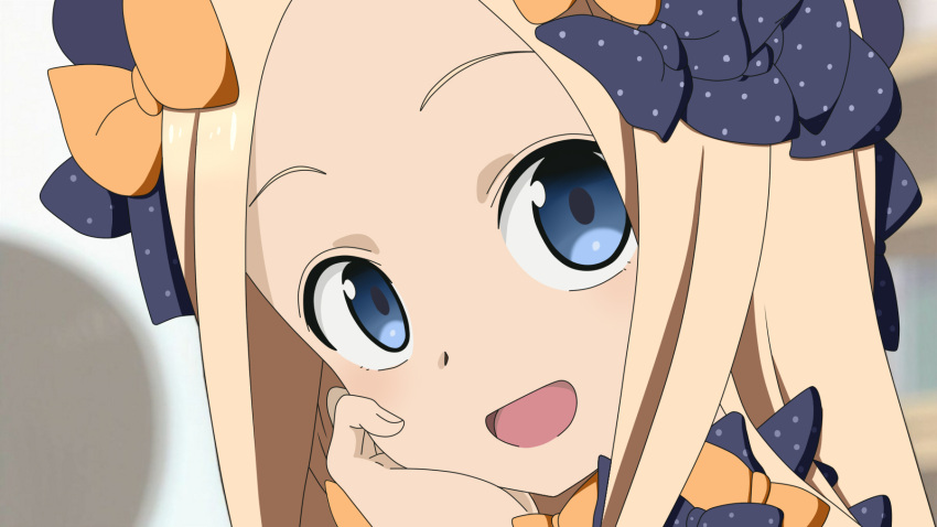 1girl :d abigail_williams_(fate/grand_order) arm_support bangs black_bow blue_eyes bow commentary_request derivative_work face fate/grand_order fate_(series) fingernails forehead hair_bow head_tilt highres karakai_jouzu_no_takagi-san long_hair looking_at_viewer open_mouth orange_bow parted_bangs polka_dot polka_dot_bow portrait shimashima_nezumi smile solo takagi-san