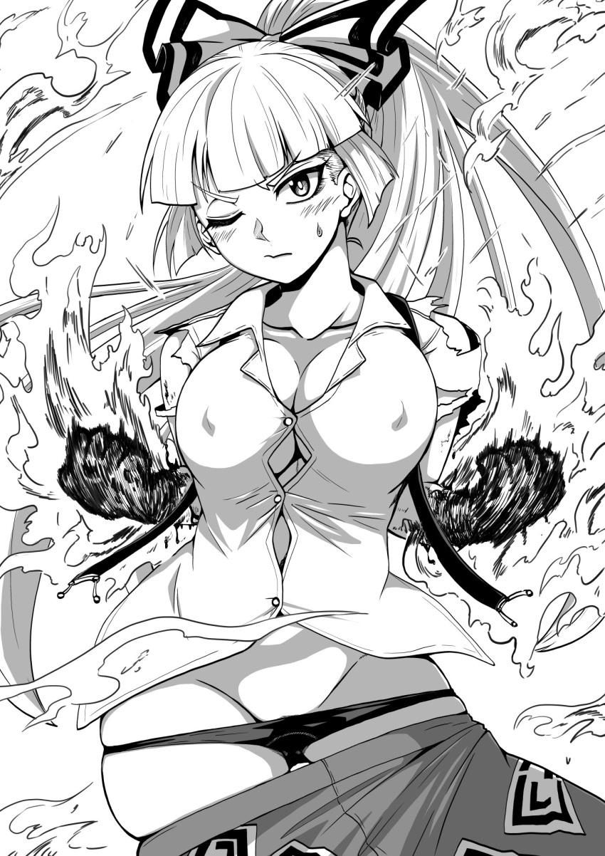 bangs blunt_bangs blush breasts burning cleavage clenched_hands dress_shirt erect_nipples fire fujiwara_no_mokou greyscale groin highres himajin_no_izu large_breasts long_hair monochrome one_eye_closed panties panty_pull ponytail shirt skindentation suspenders torn_clothes torn_sleeves touhou underwear white_background