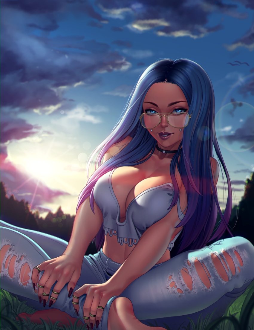 1girl bare_shoulders barefoot blue_eyes blue_hair breasts choker cleavage clouds cloudy_sky denim eyebrows_visible_through_hair face feet fingernails glasses highres indian_style jeans jewelry large_breasts lips long_fingernails long_hair looking_at_viewer midriff nail_polish nikita_varb pants piercing ring sitting sky smile soles solo sunset thighs torn_clothes torn_jeans