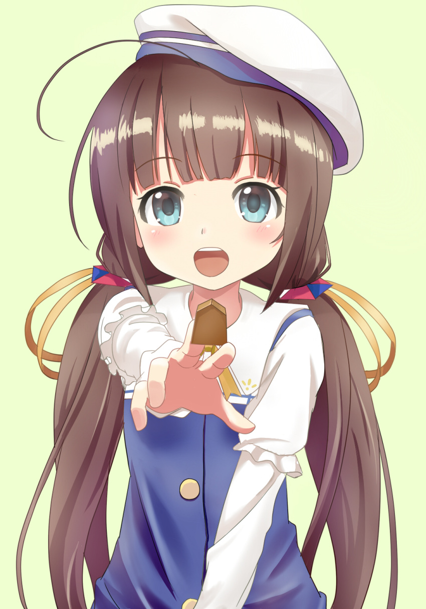 1girl :d bangs beret between_fingers blue_dress blue_eyes blush board_game brown_hair commentary_request dress eyebrows_visible_through_hair green_background hair_ribbon hat highres hinatsuru_ai holding long_hair long_sleeves looking_at_viewer low_twintails open_mouth outstretched_arm puffy_short_sleeves puffy_sleeves ribbon ryuuou_no_oshigoto! school_uniform short_over_long_sleeves short_sleeves shougi simple_background smile solo tk_(tk47773) twintails upper_teeth very_long_hair white_hat yellow_ribbon