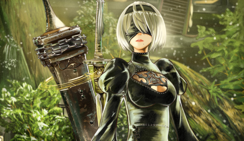 1girl bangs black_dress black_hairband blindfold bob_cut chains dress facing_viewer hairband halo juliet_sleeves katana light_particles long_sleeves mole mole_under_mouth nier_(series) nier_automata outdoors pink_lips puffy_sleeves ruins shiny shiny_hair short_hair silver_hair solo sunlight sword vanten_boot weapon yorha_no._2_type_b