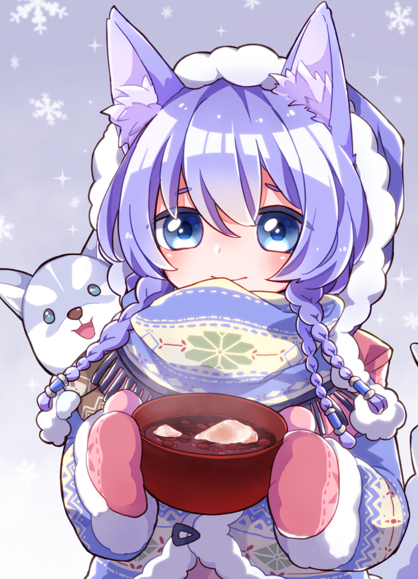 1girl animal animal_ears blue_eyes blue_hair dog highres koyomi_(shironeko_project) mittens pot quad_braids scarf shironeko_project smile snowflakes soramame_pikuto steam stew tarou_(shironeko_project) winter_clothes wolf_ears woollen_cap