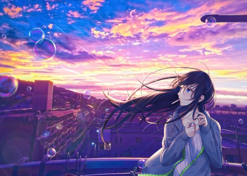 1girl black_hair blue_eyes bubble cigarette cityscape clouds jacket lighter looking_to_the_side open_clothes open_jacket outdoors para_sitism solo standing sunrise