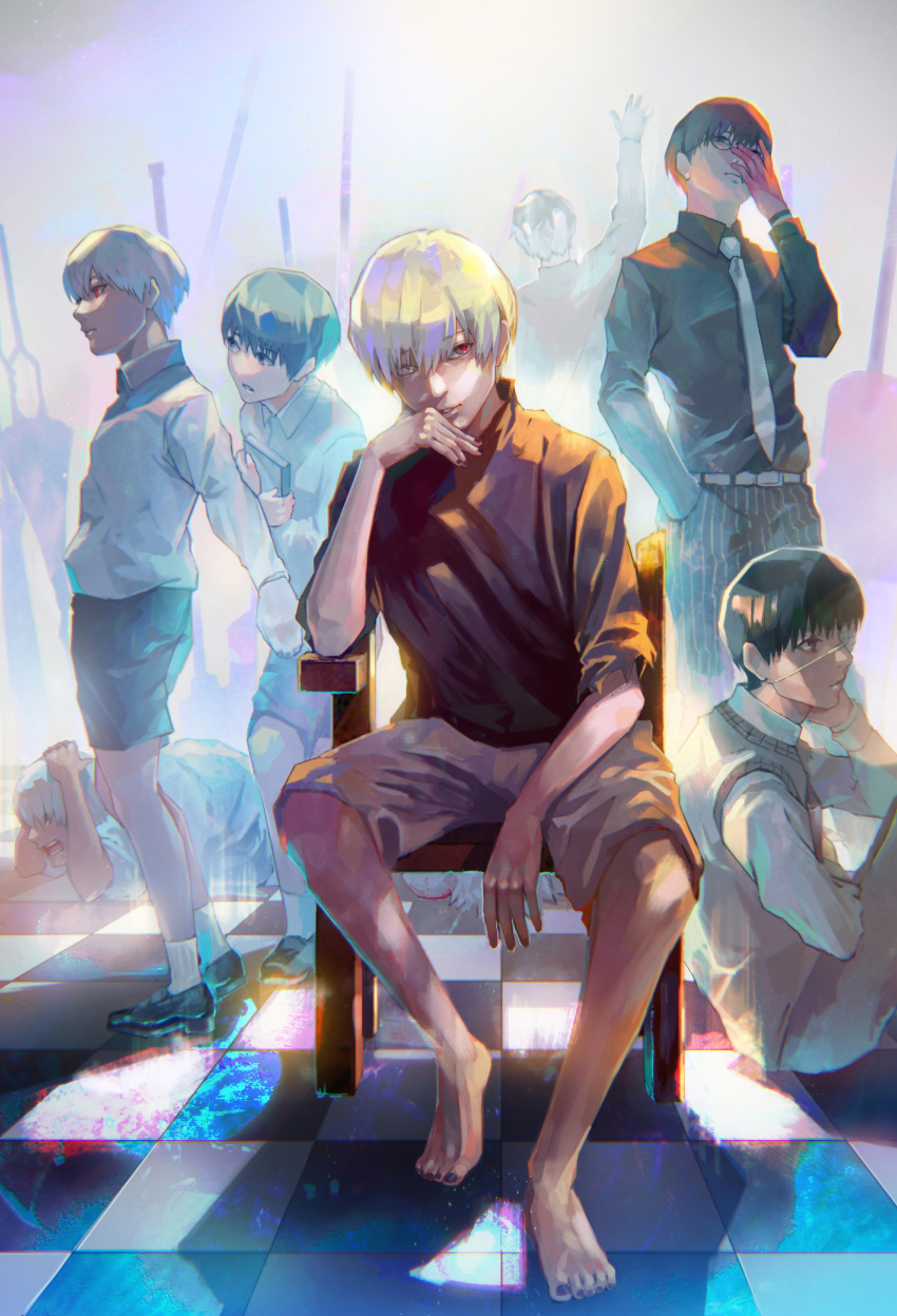 6+boys absurdres barefoot black_eyes black_hair chair eyepatch glasses heterochromia highres kaneki_ken kyuuba_melo looking_at_viewer lying multiple_boys multiple_persona necktie on_stomach red_eyes sasaki_haise shirt short_hair shorts sitting sweater t-shirt tokyo_ghoul tokyo_ghoul:re white_hair