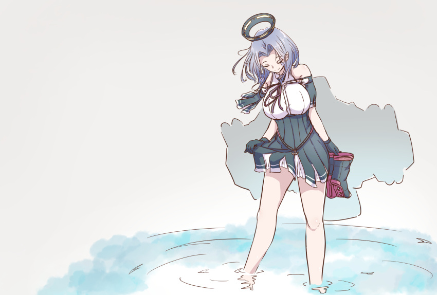 1girl belt black_capelet black_dress black_gloves boots_removed breasts capelet closed_eyes dress dress_lift gloves highres kantai_collection kasoku_souchi large_breasts mechanical_halo neck_ribbon purple_hair remodel_(kantai_collection) ribbon solo tatsuta_(kantai_collection) wading water