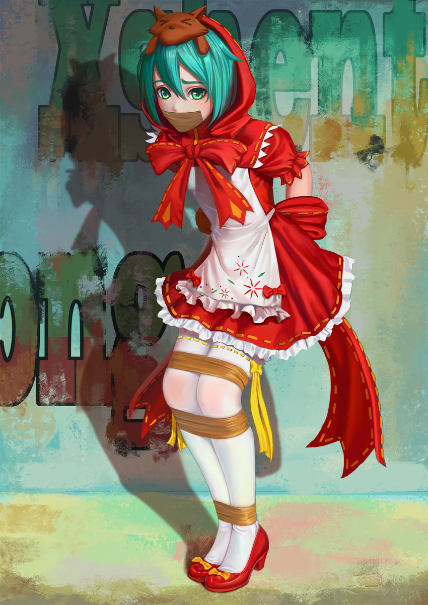 &gt;_&lt; 1girl apron aqua_hair arms_behind_back blush bound bound_legs bow covering_mouth dress frilled_dress frills full_body gag graffiti green_eyes hair_between_eyes hatsune_miku highres hood_up improvised_gag jianchile_san_tian large_bow leaning_forward legs_together little_red_riding_hood looking_at_viewer project_diva_(series) puffy_short_sleeves puffy_sleeves red_bow red_dress red_footwear ribbon ribbon-trimmed_clothes ribbon-trimmed_dress ribbon_trim shadow shoes short_hair short_sleeves solo standing tape tape_gag thigh-highs tied_up vocaloid wall white_apron white_legwear yellow_ribbon