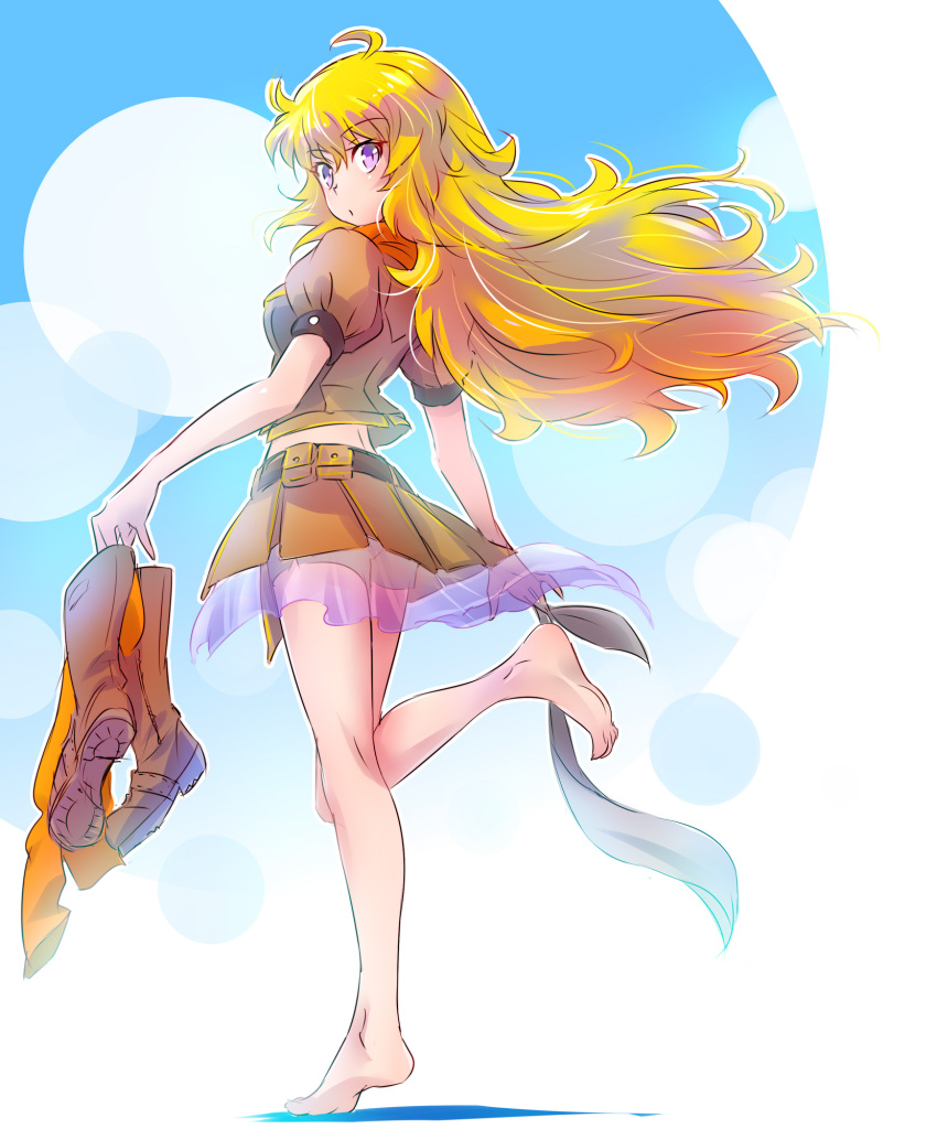 1girl ahoge bare_arms barefoot blonde_hair blush boots boots_removed brown_footwear brown_shirt brown_skirt closed_mouth eyebrows_visible_through_hair floating_hair full_body highres iesupa knee_boots long_hair looking_at_viewer no_legwear orange_legwear outline pouch puffy_short_sleeves puffy_sleeves rwby see-through shiny shiny_hair shirt short_sleeves shorts_under_skirt skirt solo thighhighs_removed upskirt violet_eyes white_outline wind yang_xiao_long